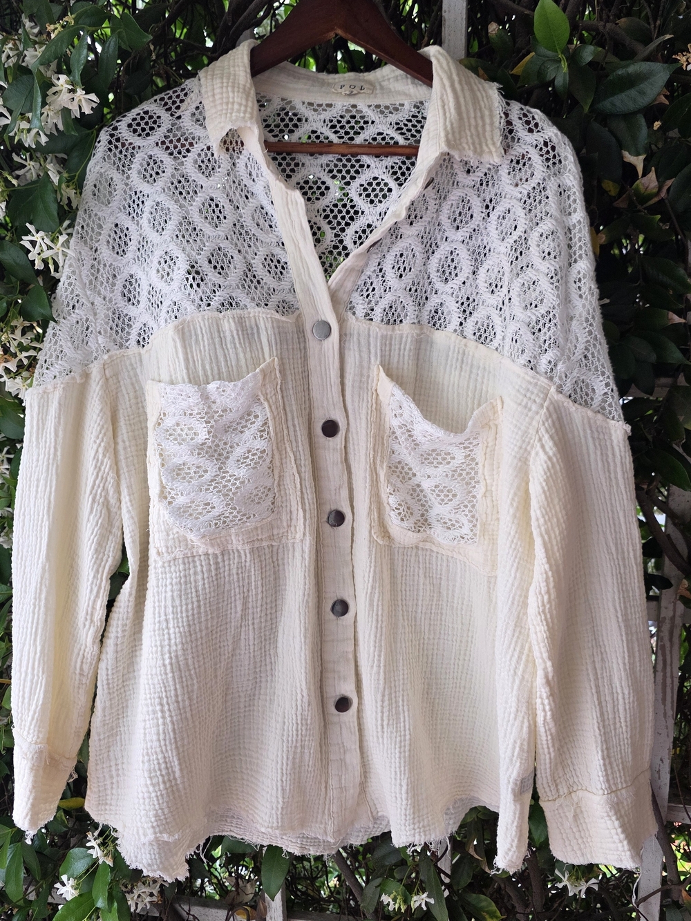 POL Cream Lace Crochet Button Down Gauze Boho Shacket Oversized - Picture 1 of 10